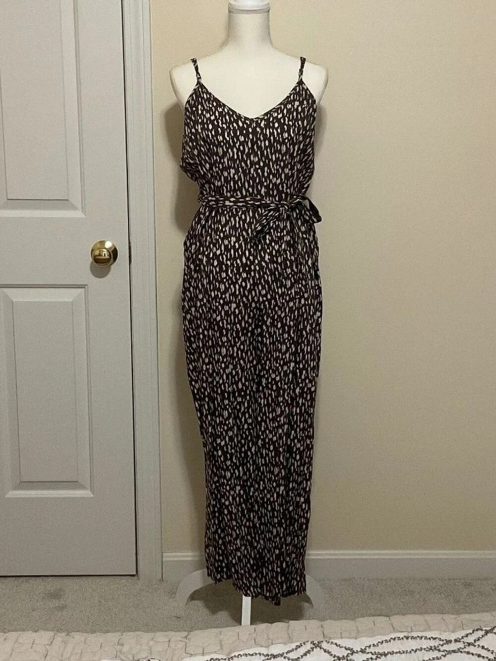 Salty Lemon small animal print spaghetti straps belted wide leg jumpsuit Size S